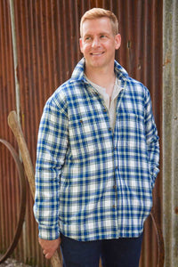 Men’s Fleece Lined Shirt Collar 100% Cotton Douglas Blue Tartan Long Sleeve Relaxed Fit