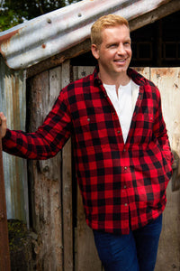 Men’s Fleece Lined Shirt Collar 100% Cotton Red Black Check Long Sleeve Relaxed