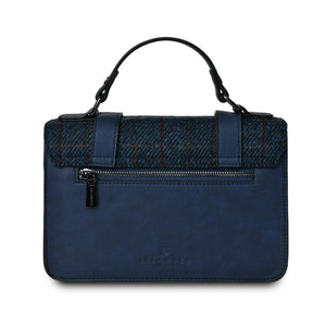 Harris Tweed Large Satchel Bag Navy Over Check Zipped Pockets