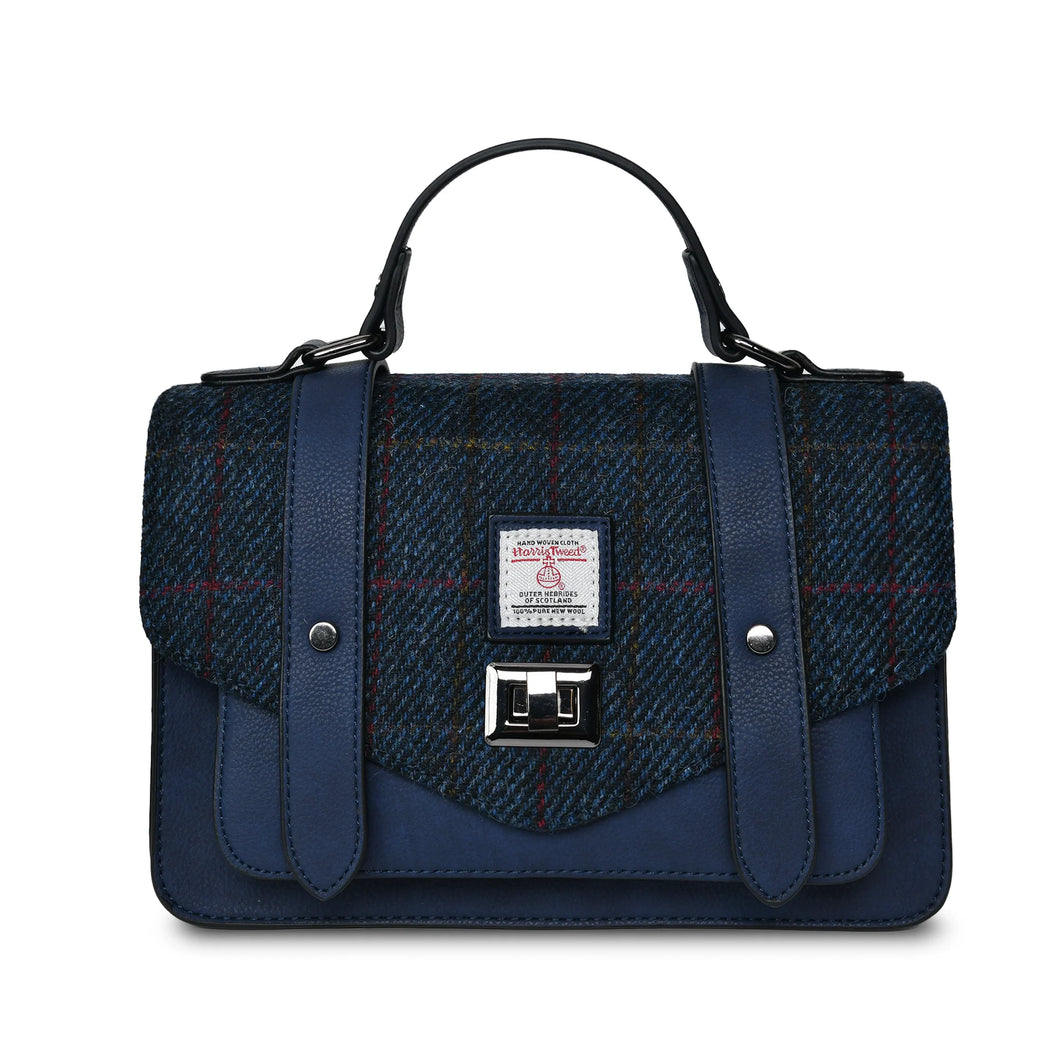 Harris Tweed Large Satchel Bag Navy Over Check Zipped Pockets